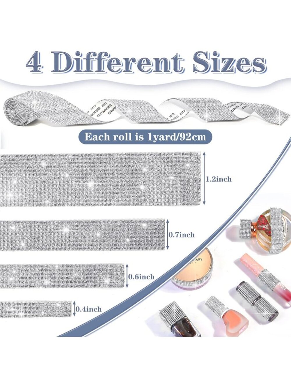 New 8 Rolls Rhinestone Ribbons8 Yard Silver Self Adhesive Rhinestone Ribbon - Picture 2 of 6